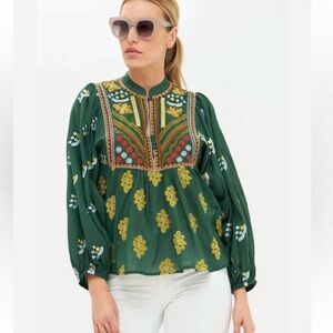 Oliphant Green Lucknow Mandarin cotton blouse, size M